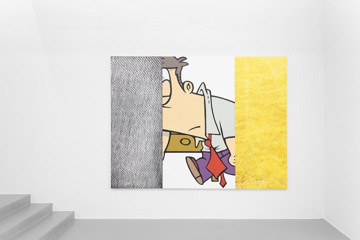 Triptych featuring a panel of grey, one featuring a cartoon person, and a panel of yellow