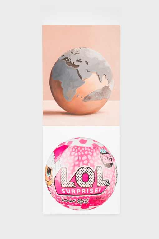 artwork depicting a panel with a globe and another panel with a lol surprise toy ball