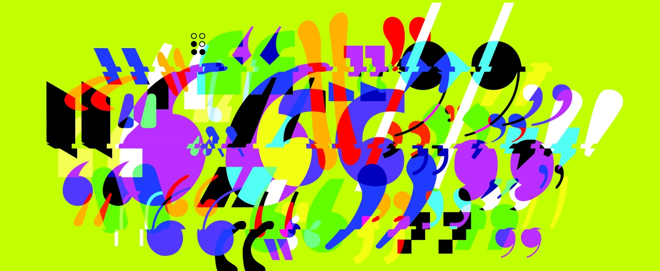 a series of stylized pairs of quotation marks, ranging from simple to baroque, pixelated to sharp, and rendered in various colors overlay a lime green background