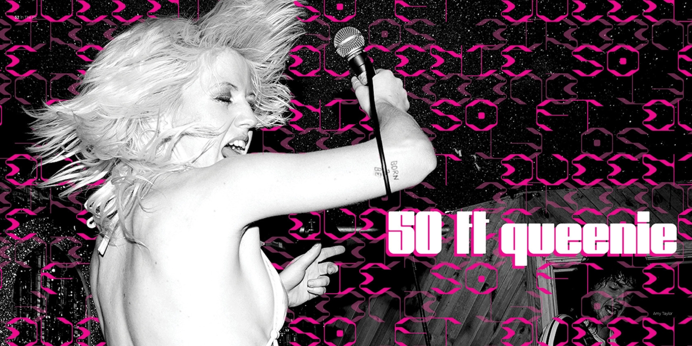 a repeating pink rug-like pattern laces across a book spread depicting a bleach blond person in a halter dress with closed eyes rocking out with a microphone