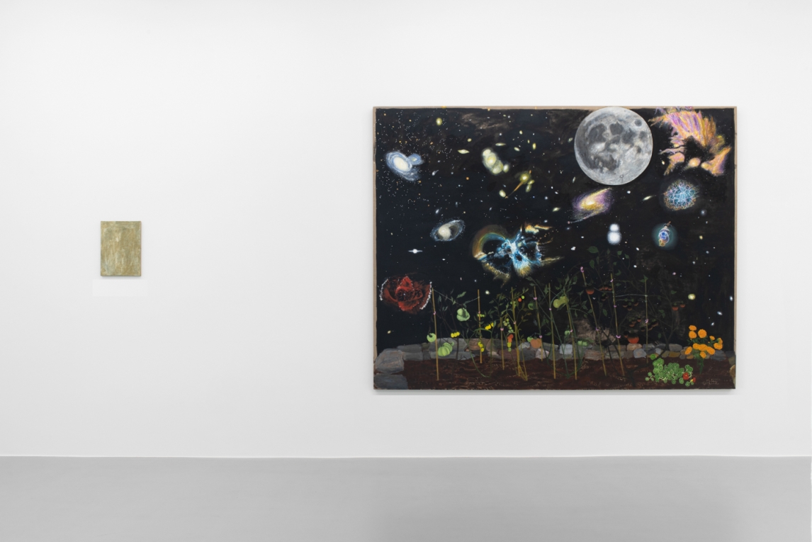 Installation image of a large painting handing next to a smaller one