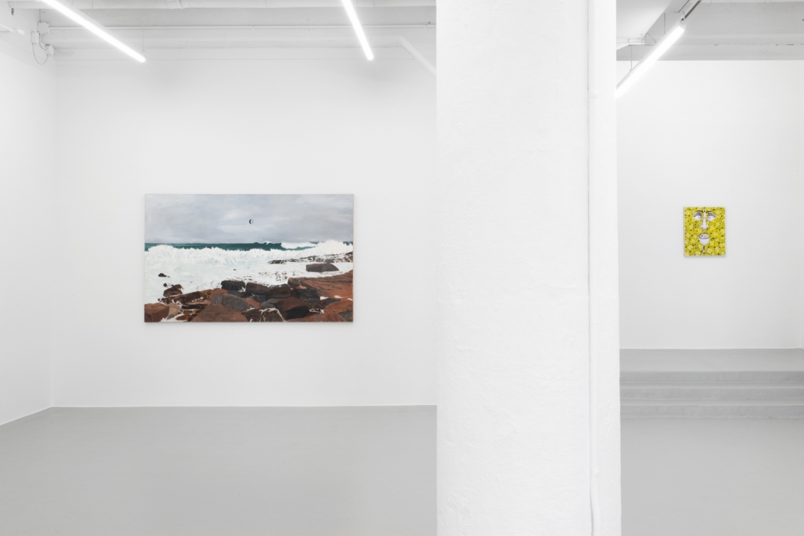 Installation view of two paintings in different spaces of the gallery