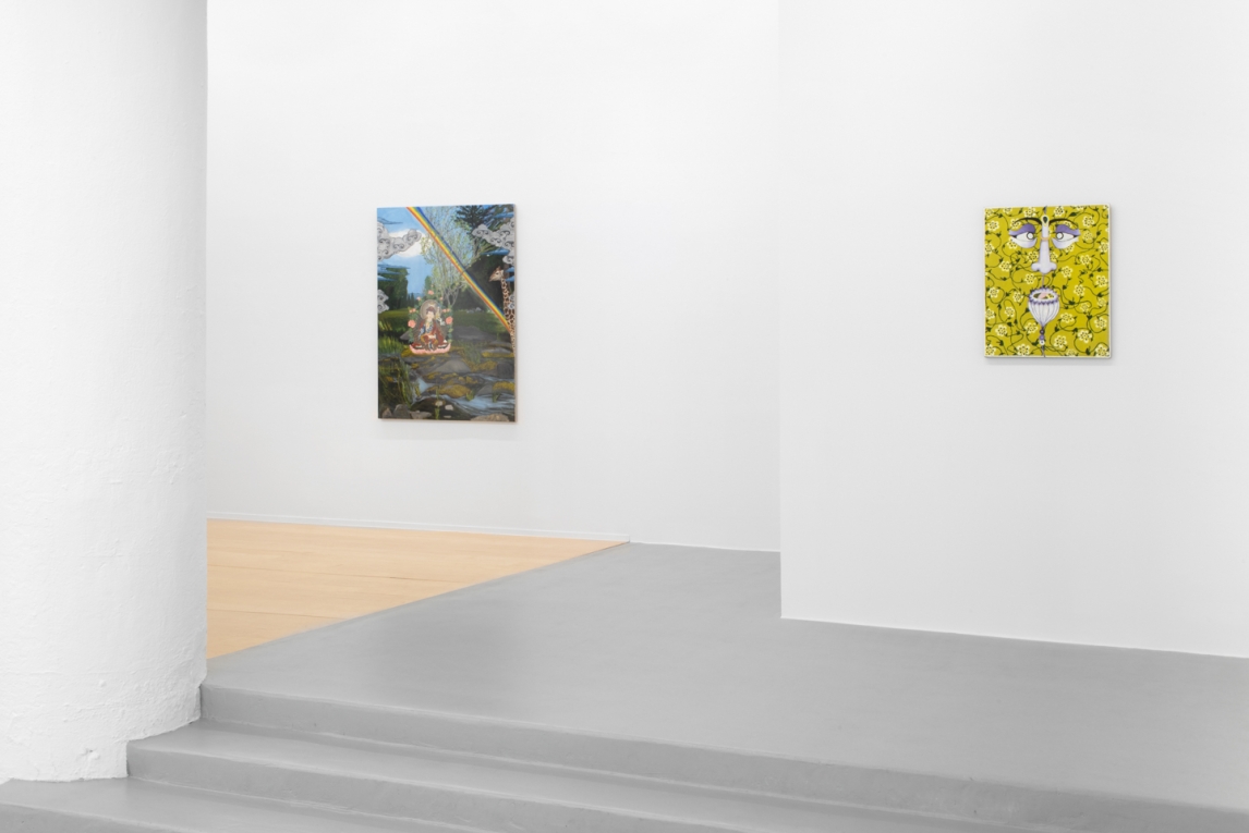 Installation view of two paintings, one in foreground, one in background
