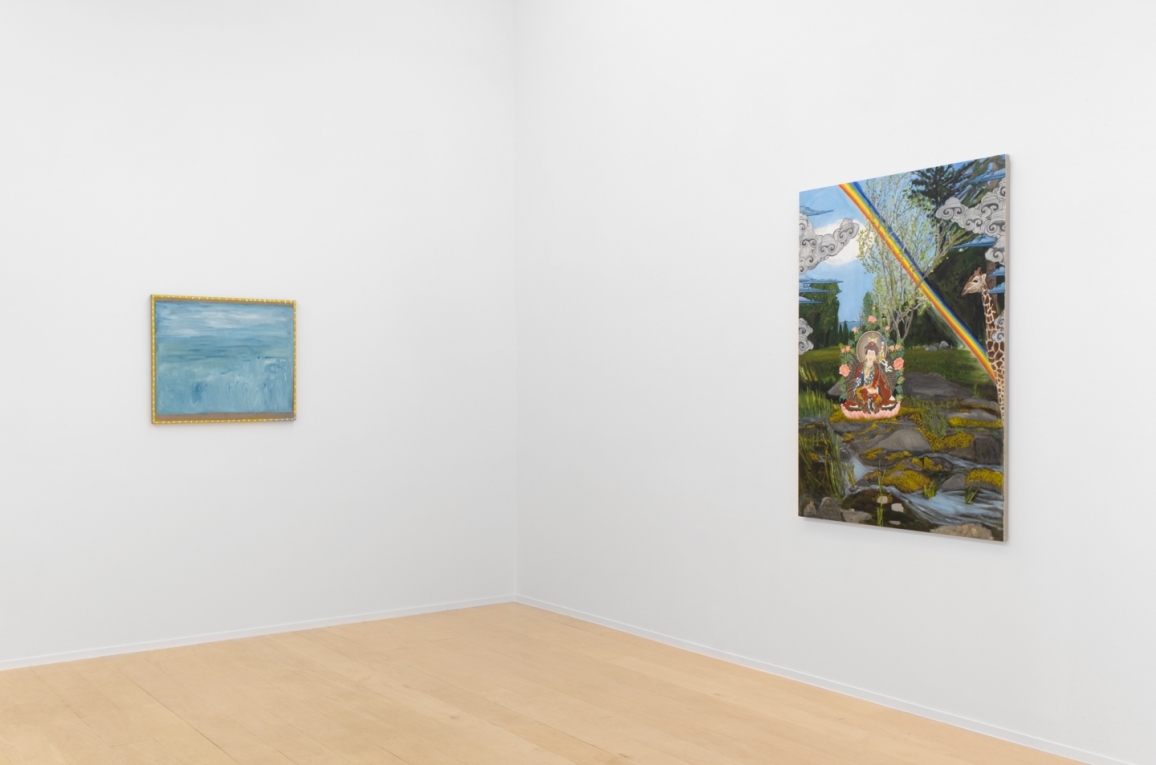 Installation view of two paintings of different sizes hanging on adjoining walls