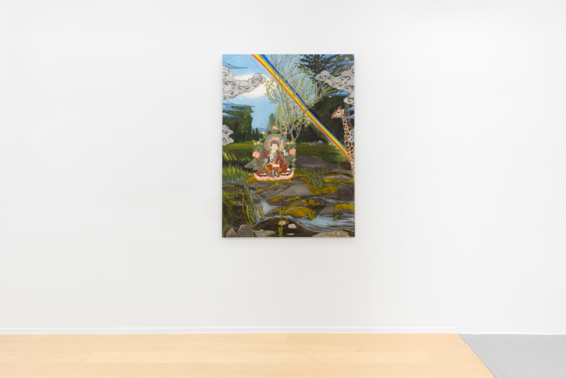 Installation view of painting of a Buddhist mystic depicted in a landscape