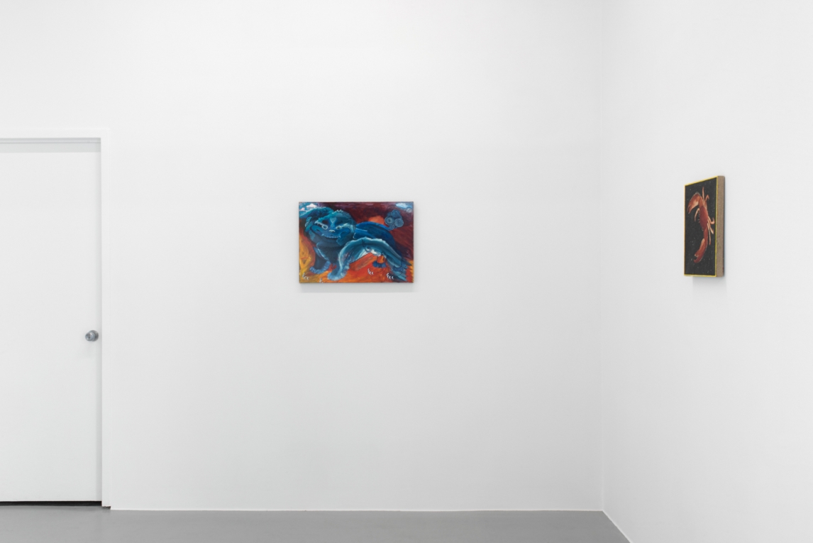 Installation view of corner of gallery with two paintings on adjoining walls