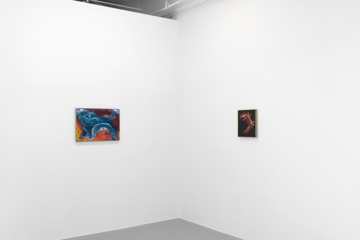 Installation image of two smaller paintings hanging on adjoining walls