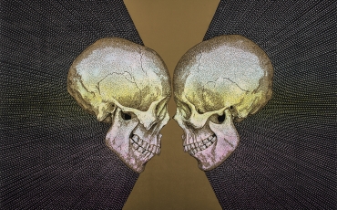 A print of two skulls, foreheads touching, layered with light pink and light yellow gradients. 