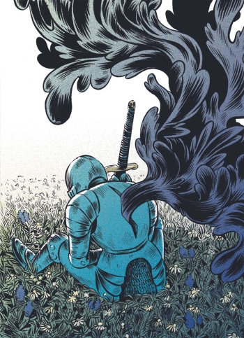 A blue and green and black illustration of a knight slumped over on the ground with black floral smoke coming out of its back