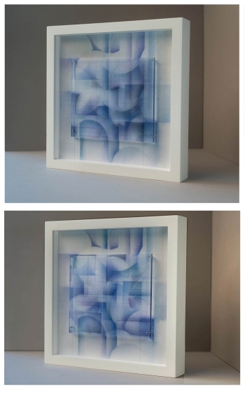 Two abstract artworks in varying shades of blue against a white background and in a white frame