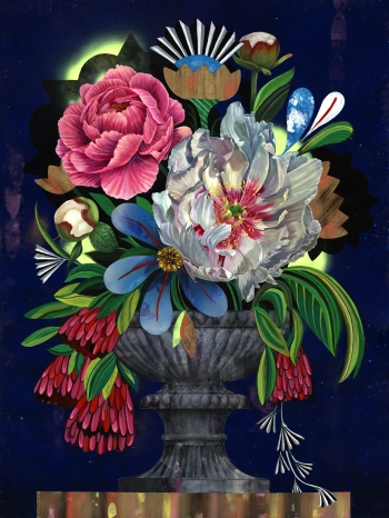 A still life of pink and blue and white flowers with varying bloom shapes and states of blooming and wilting in a gray stone vase against a deep blue background