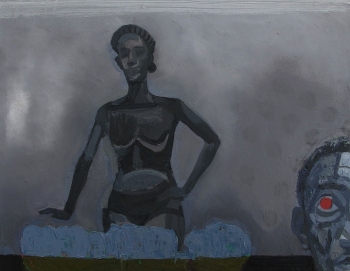A gray and black and blue painting of a nude Black woman with half of the face of a male subject with red eyes in the bottom right corner