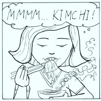 A line drawing of a woman using chopsticks to eat kimchi with a thought bubble that reads MMMM kimchi