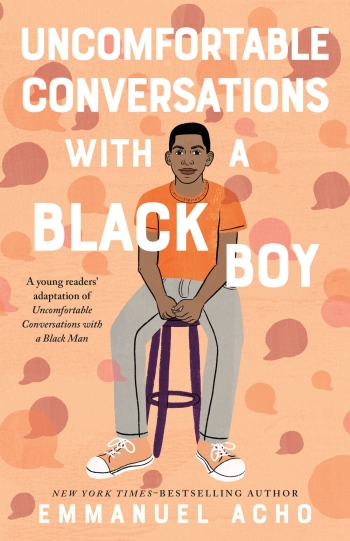 The book cover of Conversations with a Black Boy that features an illustration of a young Black man sitting on a stool with talk bubbles spread across the cover