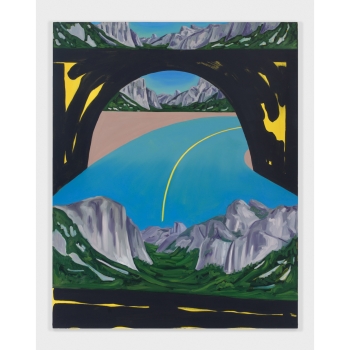 A painting of a blue road running under a black and yellow bridge or overpass and gray and green mountains at the top and bottom of the work