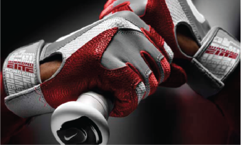 A set of hands in red and silver gloves holding a silver bat