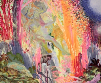 An abstract forest scene in red and pink and blue and peach and magenta with a ghostlike moose head on a human body floating in the center