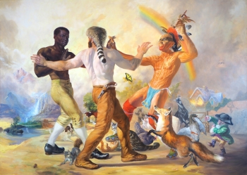 A Black man in colonial pants and shoes and a white man in a raccoon hat and brown pants and a First Nation man in a loincloth struggling with each other under a rainbow