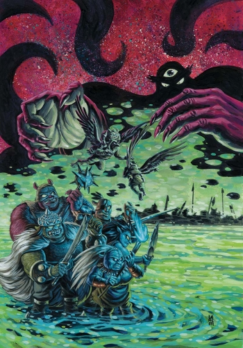 A group of green creatures in medieval armor wading through green water with a large dark demon hovering in a magenta sky