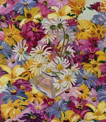 A painting of white daisies on floral fabric in periwinkle magenta pink and yellow