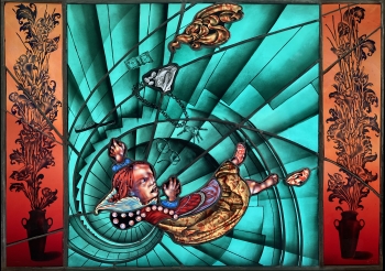 A stained glass piece with orange and red gradients and silhouettes of black flowers to the right and left with an aqua spiral staircase in the middle and a figure dressed as a prince tumbling toward the stairs