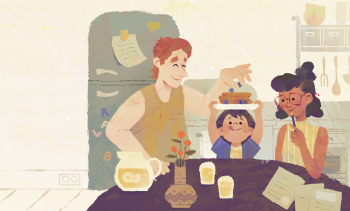 An illustration  of a family sitting in a kitchen and smiling while the father places blueberries on a stack of pancakes the child is holding over their head and the mother looks on smilihngin a palette of yellow and green and purple