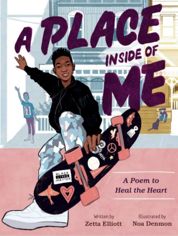 The cover of the children's book A Place Inside of Me that includes an illustration of a young skateboarder smiling 