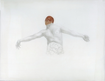 A painting of a male subject with a white body resembling a sculpture against a white background and the subject has brown skin