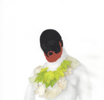 A painting of a male subject with a white body resembling a sculpture against a white background and a garland of green and white flowers around his neck and the subject has black skin and a lighter brown beard