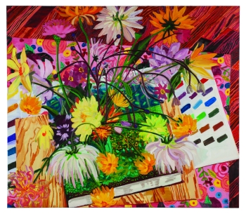 A vibrant red, orange, fuschia, yellow, green, read, magenta painting of flowers over papers with paint palettes on them and a book and pieces of wood
