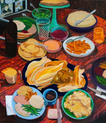 A colorful painting of a Thanksgiving dinner in brown yellow blue green orange gray