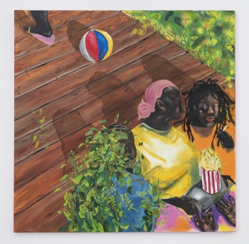 A painting of two people seated outside with popcorn on their laps next to another human subject covered in green vines and a multicolored beach ball and their shadows on a boardwalk behind them