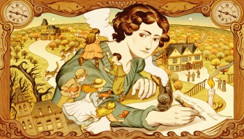 A vintage looking illustration of a woman sitting and writing against a far off backdrop of a town with winding raods and trees and a clock in each top corner and the woman has small children running up her arm 