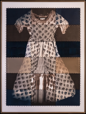 A photographic artwork by Dilmar Gamero that depicts a long floral dress with shiny panels and stitched material on top of the sepia image