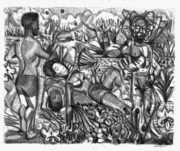A pencil drawing of various people standing and laying in an outdoor landscape
