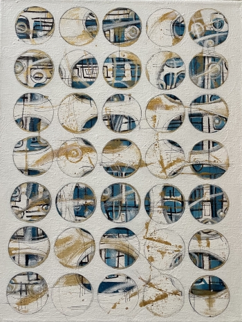 An abstract pattern of circles with gold and blue and neutral and black line drawings in them