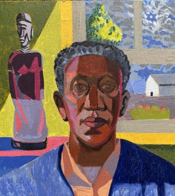 A painting of the shoulders and head of a man sitting in front of a window with an African statue over his shoulder