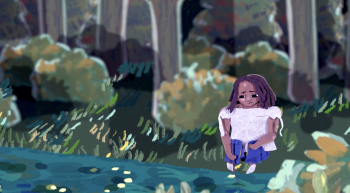 A still of a paper cutout stop motion animation depicting woman looking sadly at a body of water in a forest