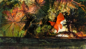 A painting of orange and black and yellow plant life and an orange bat in the foreground