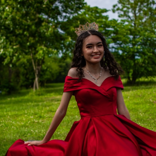 A girl in a red dress wears a tiara