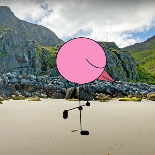 A still from an animation of a circular pink bird walking in front of mountains