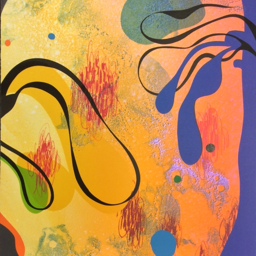 An abstract, colorful print created by UArts grad students and artist Carrie Moyer. 
