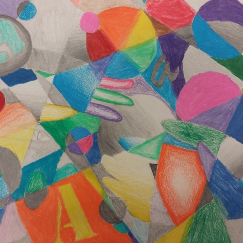 A cubism drawing using lots of bright colors and shapes