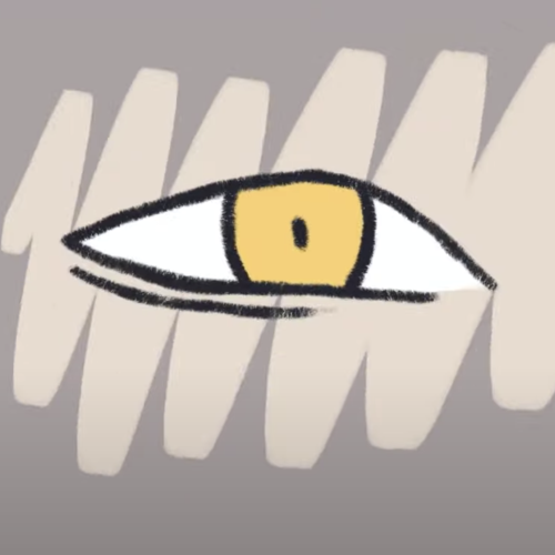 A still from an animation by Hannah Greene of a part of yellow eyes on a tan background