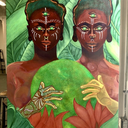 painting by prince de leon, depicting two people with green eyes and each with a third eye holding a green orb between them among leafy foliage. 
