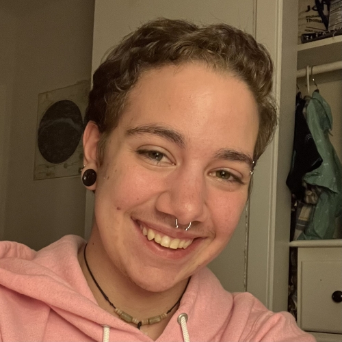headshot of Hail Thomas wearing a a pink hoodie and small surfer-type necklace. hail has a wide smile and is posed in front of a closet. hail has stretched lobes and a septum and eyebrow piercing. 