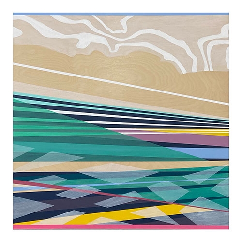 An abstract painting on wood that uses shapes and lines with a green yellow purple white blue and navy palette