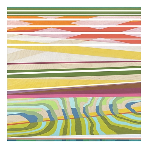 An abstract painting on wood that uses lines and wood grain with a green yellow purple white orange red and blue palette