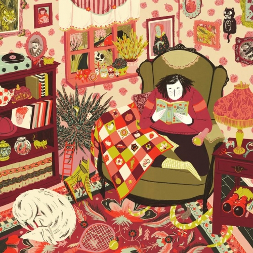 Lizzy O'Donnell's student illustration, woman reading in overstuffed chair in colorful room with sleeping dog