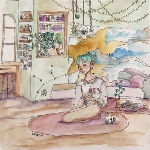 A watercolor illustration of a person with blue hair sitting in their bedroom on the floor